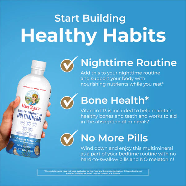 Maia Rogers Liquid Nighttime Multimineral bottle held by a hand with promotional text on a blue background