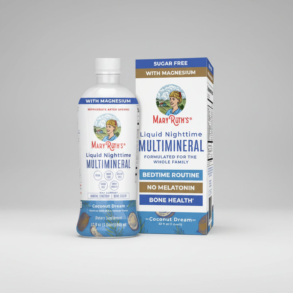 Mary Ruth's Liquid Nighttime Multimineral supplement bottle and packaging on a white background