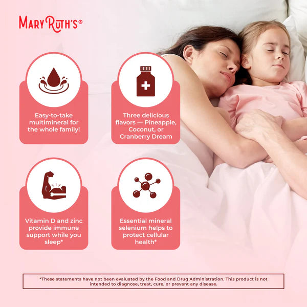 Advertisement for Mary Ruth's multivitamin product showing a mother and child sleeping, with product features highlighted.