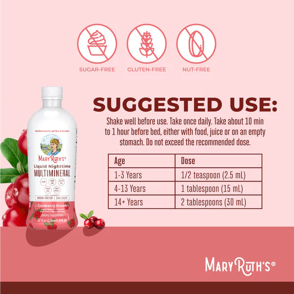 Mary Ruth's Liquid Nighttime Multimineral supplement bottle with usage instructions on a pink background
