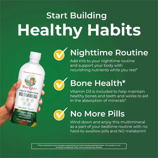 Hand holding a bottle of Mary Ritter's Liquid Multivitamin with promotional text on a green background