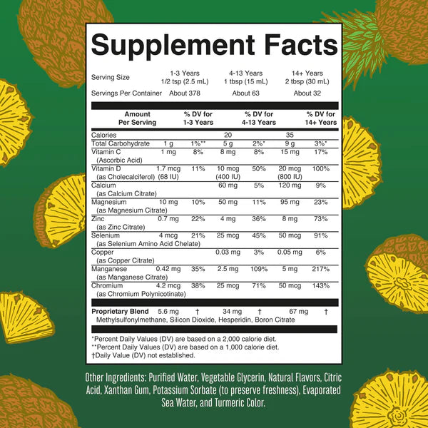 Supplement facts label with nutritional information on a green background with yellow and orange elements.