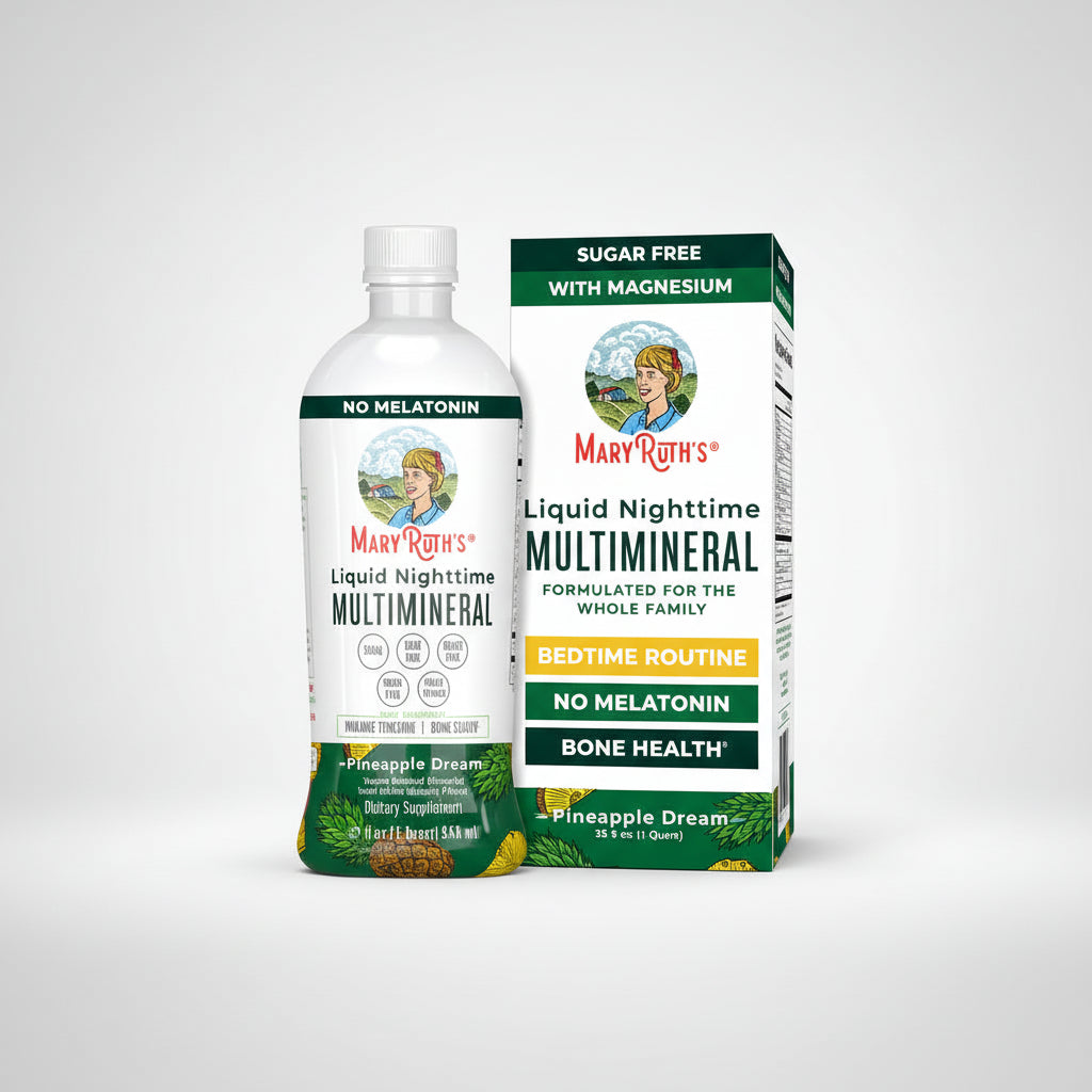 Mary Ruth's Liquid Nighttime Multimineral supplement bottle and packaging on a white background