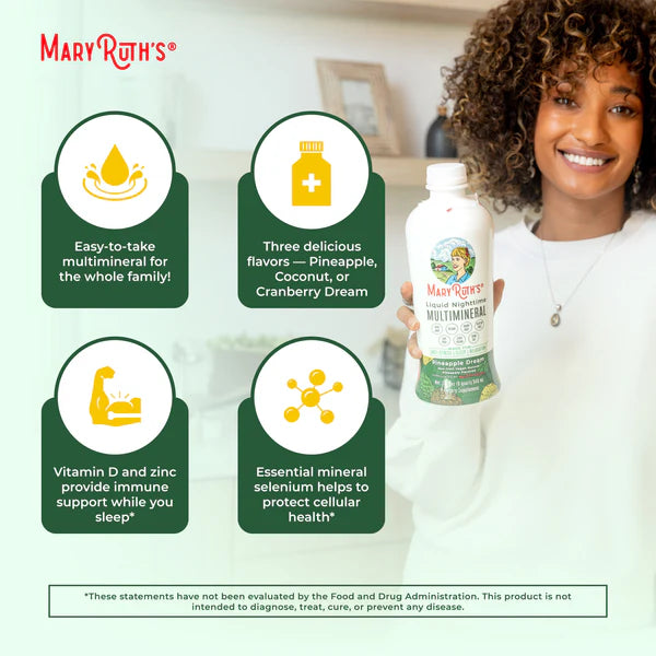Woman holding a bottle of MaryRuth's multivitamin with product features highlighted.