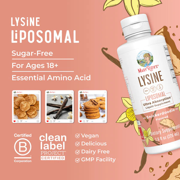 Mary Ruth's Lysine Liposomal supplement bottle with product details on a pink background