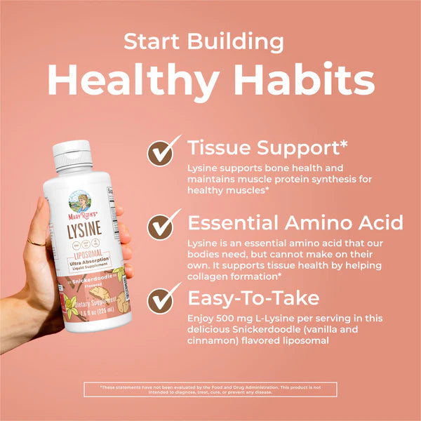 Lysine supplement bottle with text on a pink background