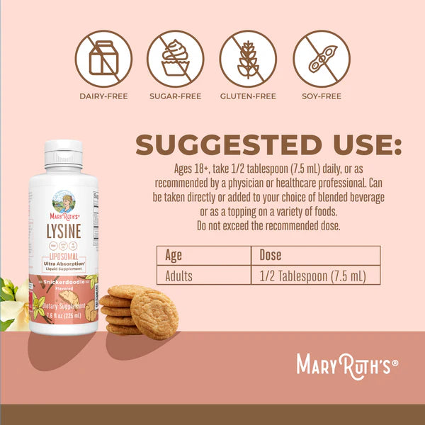 Mary Ruth's Lysine supplement bottle with suggested use and product details on a pink background