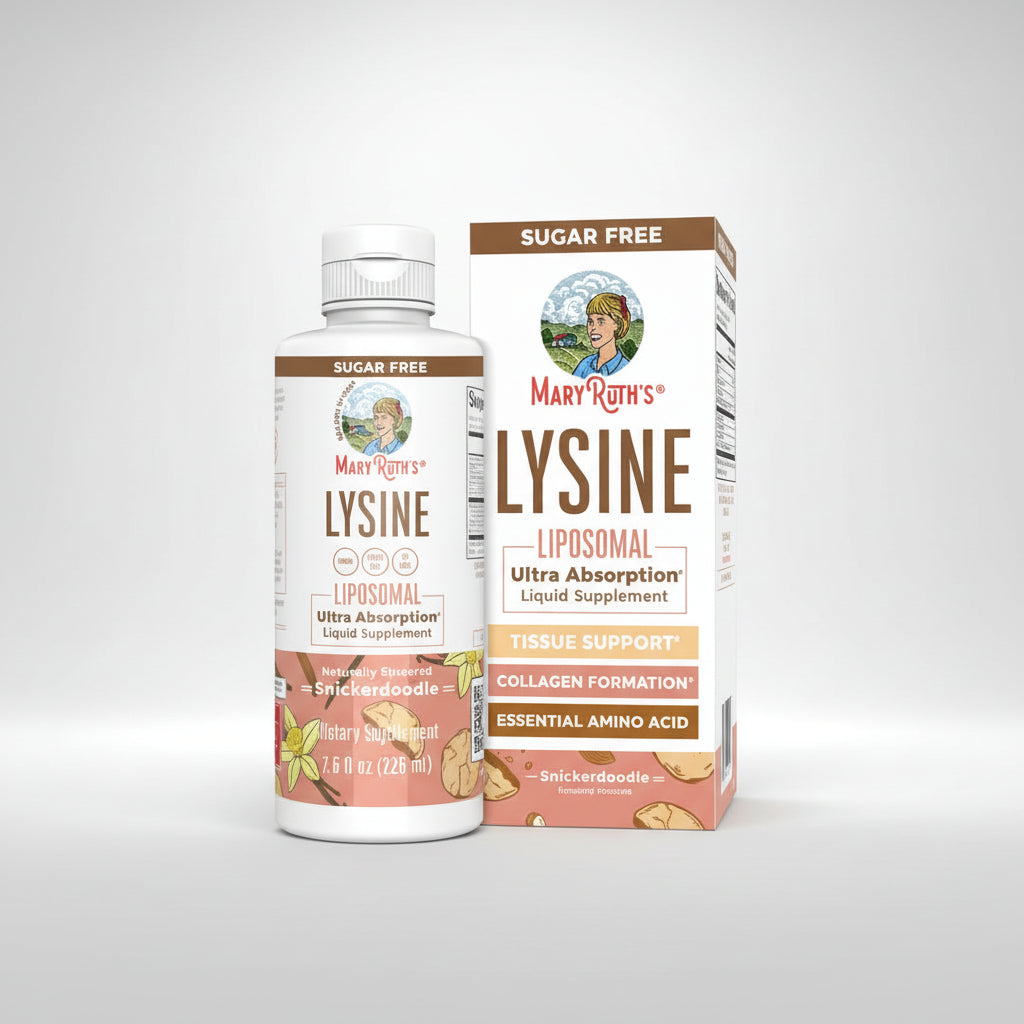 Mary Ruth's Lysine supplement bottle and packaging on a white background