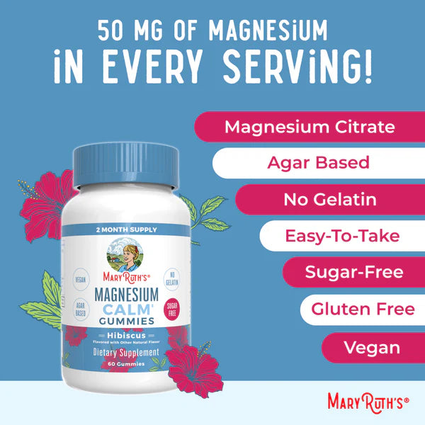MaryRuth's magnesium gummies bottle with product features on a blue background
