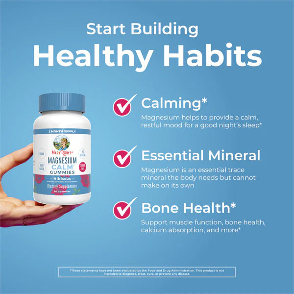 Manzanita Magnesium Calm Gummies bottle held by a hand with text about health benefits on a blue background