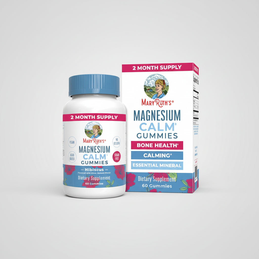 Mary Ruth's Magnesium Calm Gummies supplement bottle and packaging on a white background
