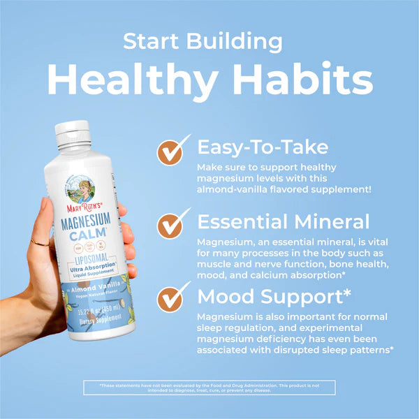 Hand holding a supplement bottle with text about building healthy habits on a blue background