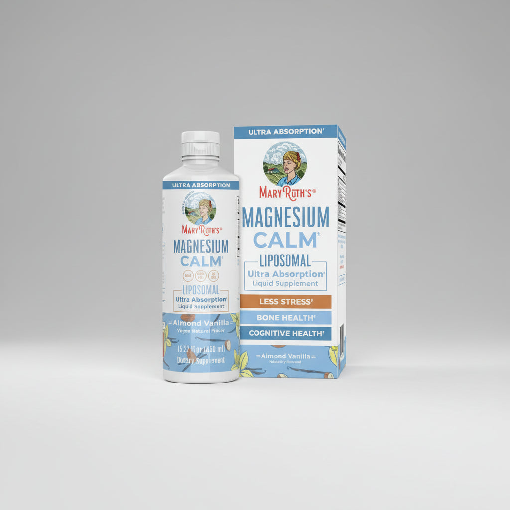 Mary Ruth's Magnesium Calm liposomal supplement bottle and packaging on a white background