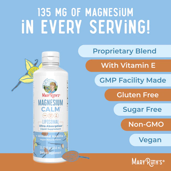 MaryRuth's Magnesium Calm supplement bottle with product features on a blue and orange background