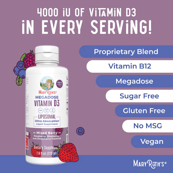 Mary Ruth's Megadose Vitamin D3 supplement bottle with product features on a purple background