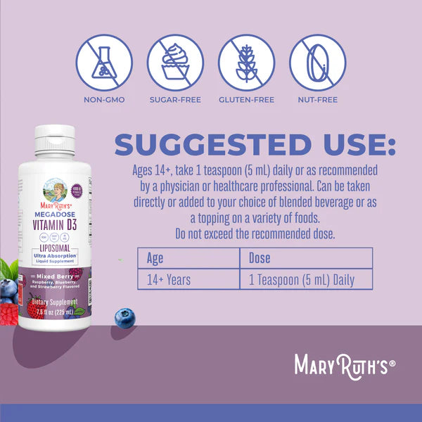 Mary Ruth's Megadose Vitamin D3 supplement bottle with usage instructions on a purple background