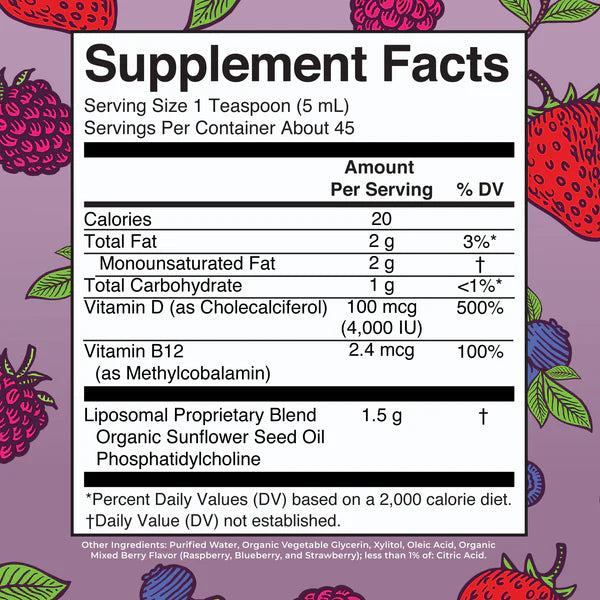 Supplement facts label with colorful berry illustrations on a purple background