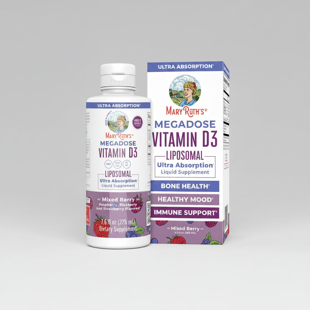 Mary Ruth's Megadose Vitamin D3 liposomal supplement bottle and packaging on a white background