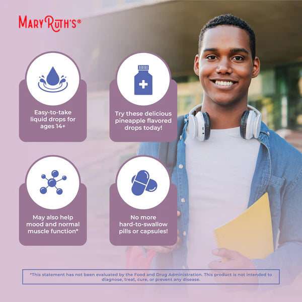 Advertisement for Mary Ruth's product featuring a smiling person with product information.