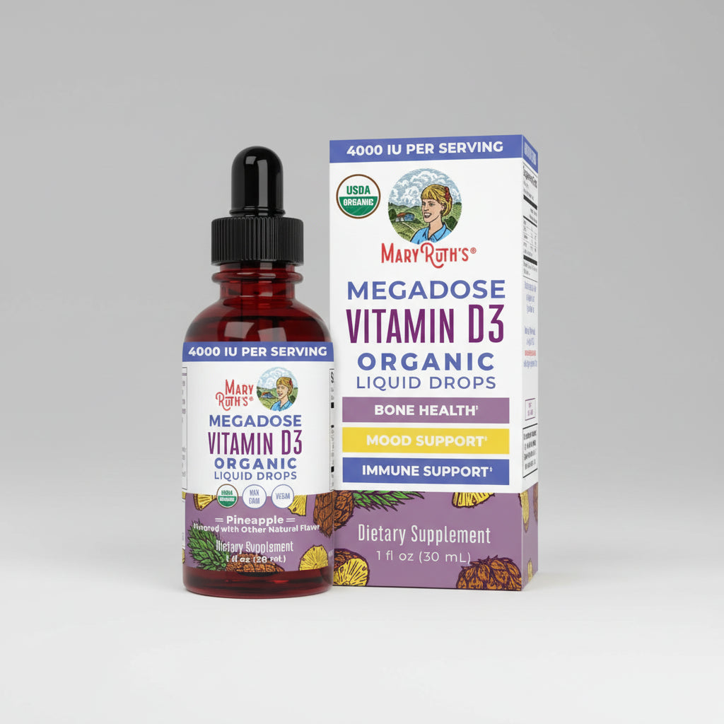 Mary Ruth's Megadose Vitamin D3 Organic Liquid Drops bottle and packaging on a white background