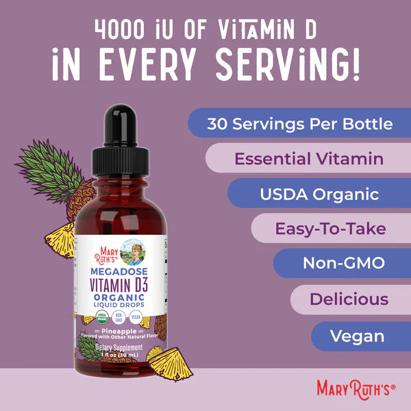 Mary Ruth's Megadose Vitamin D3 Organic Liquid Drops bottle with pineapple flavor on a purple background