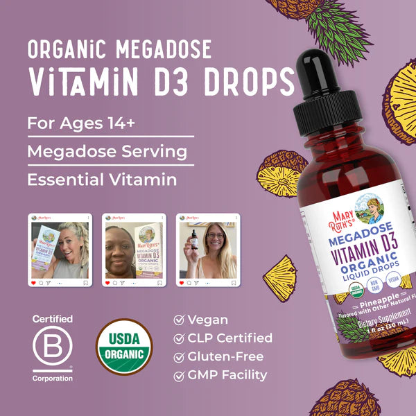 Mary Ruth's Organic Megadose Vitamin D3 Drops on a purple background with product details and branding.