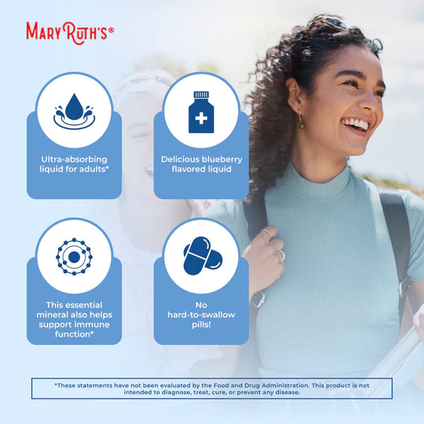 Woman with a backpack and Mary Ruth's product features on a light blue background