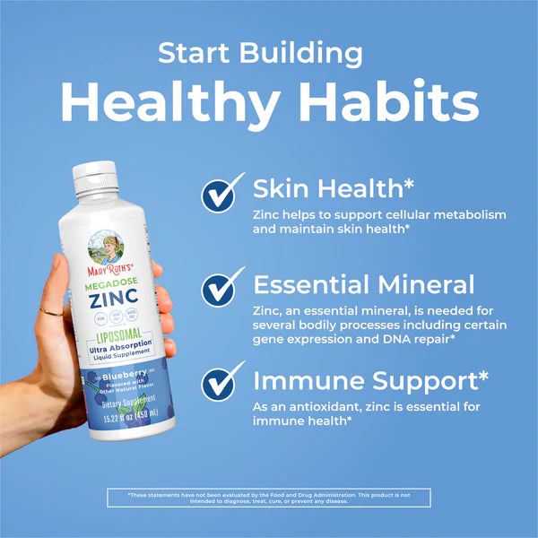 Hand holding a bottle of Mary Ruth's MegaDose Zinc with text about health benefits on a blue background