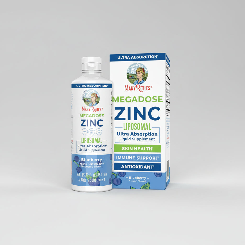 Mary Ruth's Megadose Zinc supplement bottle and packaging on a white background