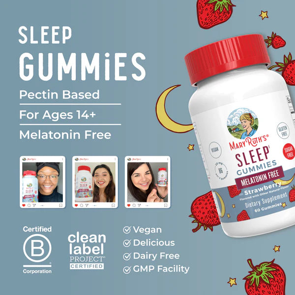 Mary Ruth's Sleep Gummies packaging with strawberry flavor on a blue background, featuring product images and certification logos.