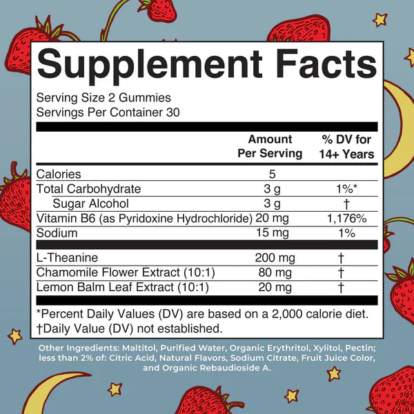 Supplement facts label with strawberry-themed background