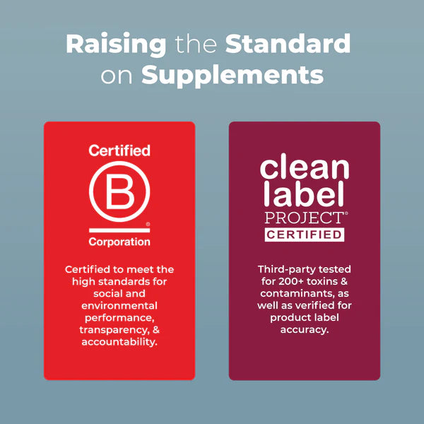 Two certification logos on a blue background with text about standards for supplements.