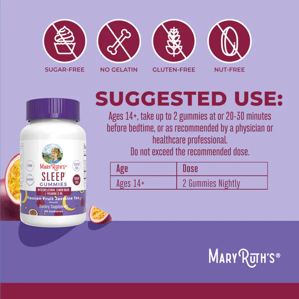 Mary Ruth's Sleep Gummies packaging with suggested use and product details on a purple background