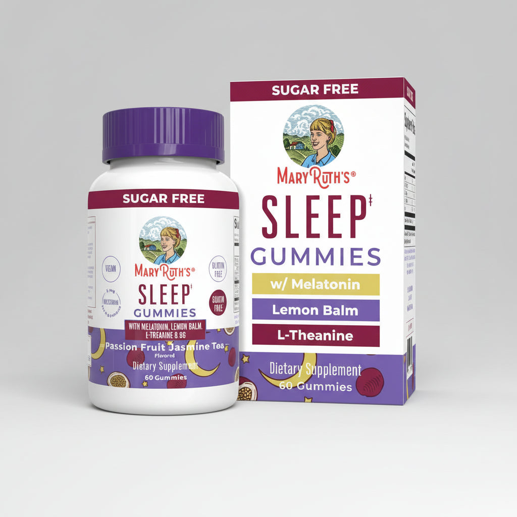 Mary Ruth's Sleep Gummies bottle and packaging on a white background