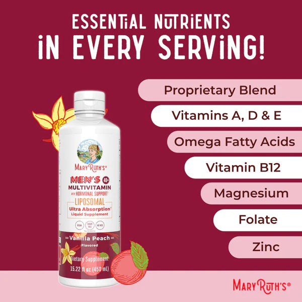 Mary Ruth's Men's Multivitamin bottle with essential nutrients listed on a red background