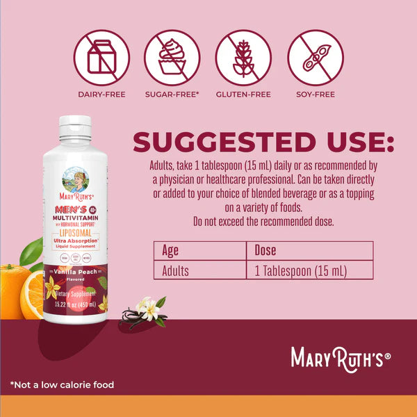 Mary Ruth's Men's G Multivitamin bottle with suggested use and product details on a pink background