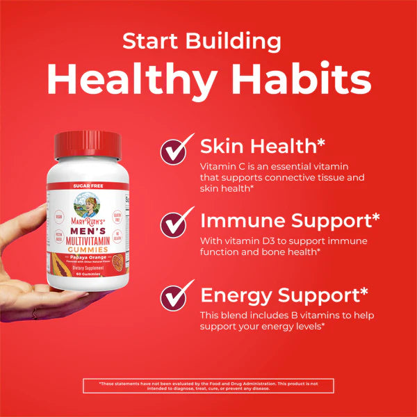 Multivitamin bottle held in a hand with text about healthy habits on a red background