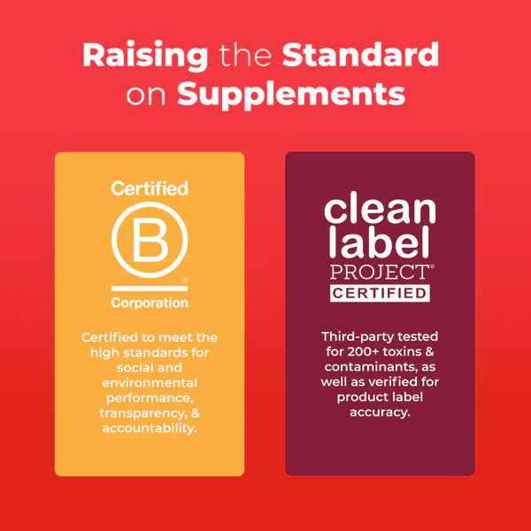 Two certification logos on a red background with text about standards for supplements.
