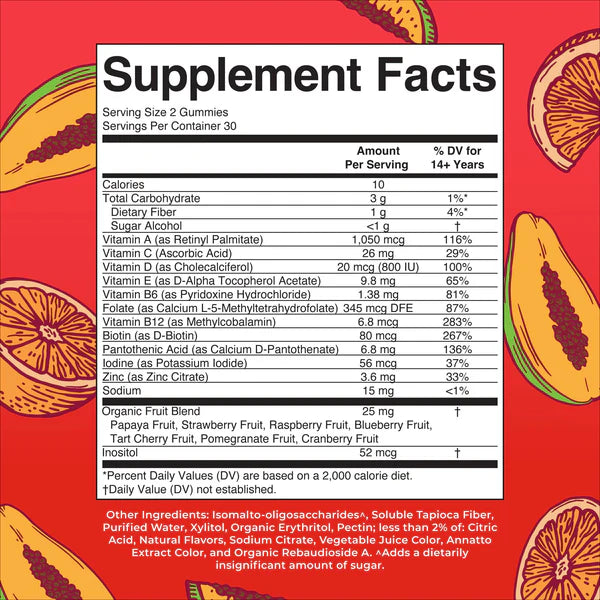 Supplement facts label with fruit illustrations on a red background