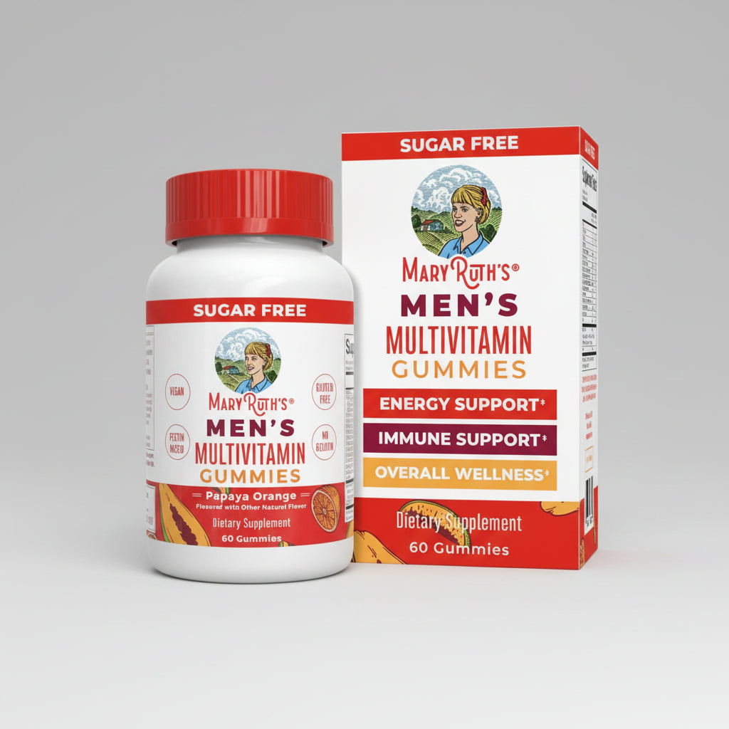 Mary Ruth's Men's Multivitamin Gummies bottle and packaging on a white background