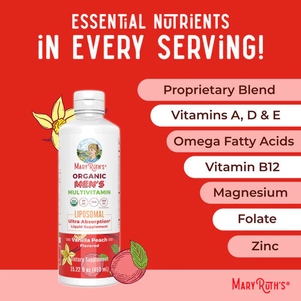 MaryRuth's Organic Men's Multivitamin bottle with essential nutrients listed on a red background