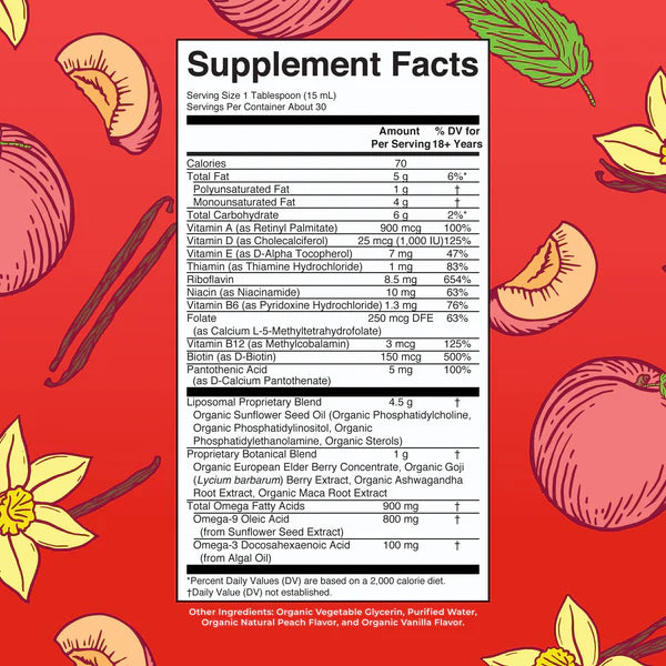 Supplement facts label on a red background with illustrations of fruits and herbs