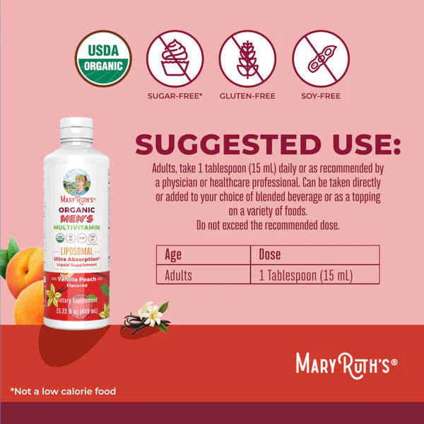 Mary Ruth's Organic Men's Multivitamin bottle with label on a pink background