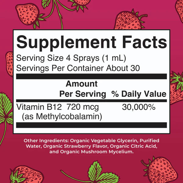 Supplement facts label with strawberry design on a pink background