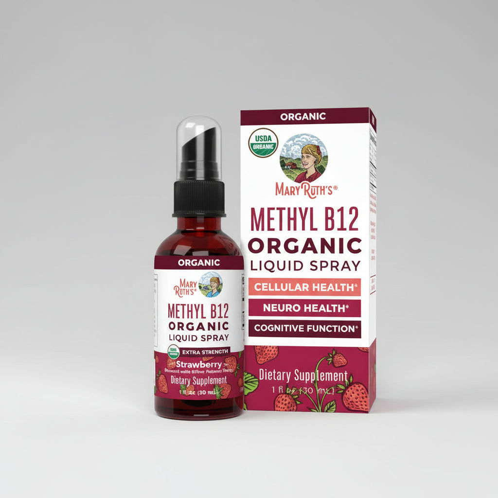 Mary Ruth's Methyl B12 Organic Liquid Spray bottle and packaging on a white background