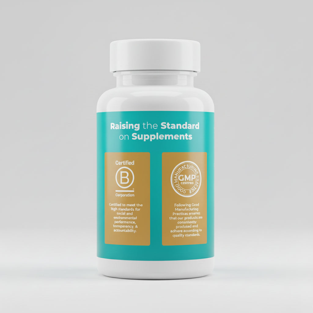 Two certification logos on a teal background with text about social and environmental performance, transparency, accountability, and Good Manufacturing Practices.