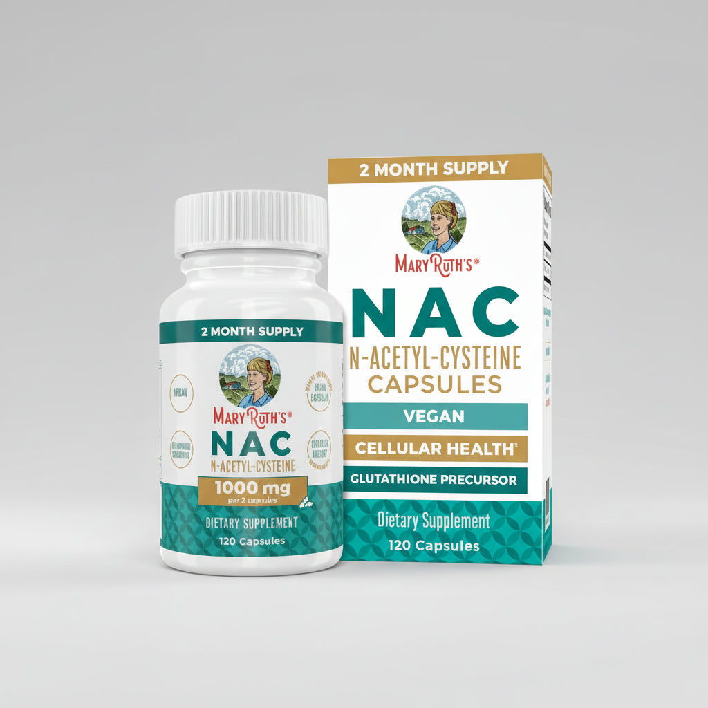 Mary Ruth's NAC N-Acetyl-Cysteine capsules bottle and packaging on a white background