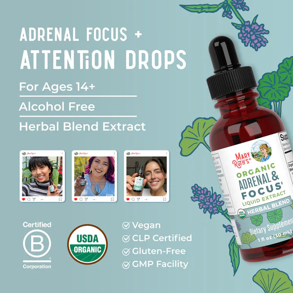 Adrenal Focus + Attention Drops bottle with product details on a light blue background
