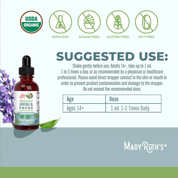 Bottle of Mary Ruth's Organic Adrenal & Focus supplement with label and dropper on a white background.
