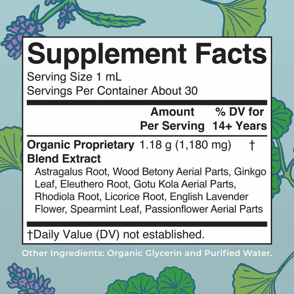Supplement facts label with herbal ingredients on a floral background